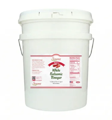 5 gallon container of Spicy Infused White Balsamic Vinegar Glaze from Sonoma Farm