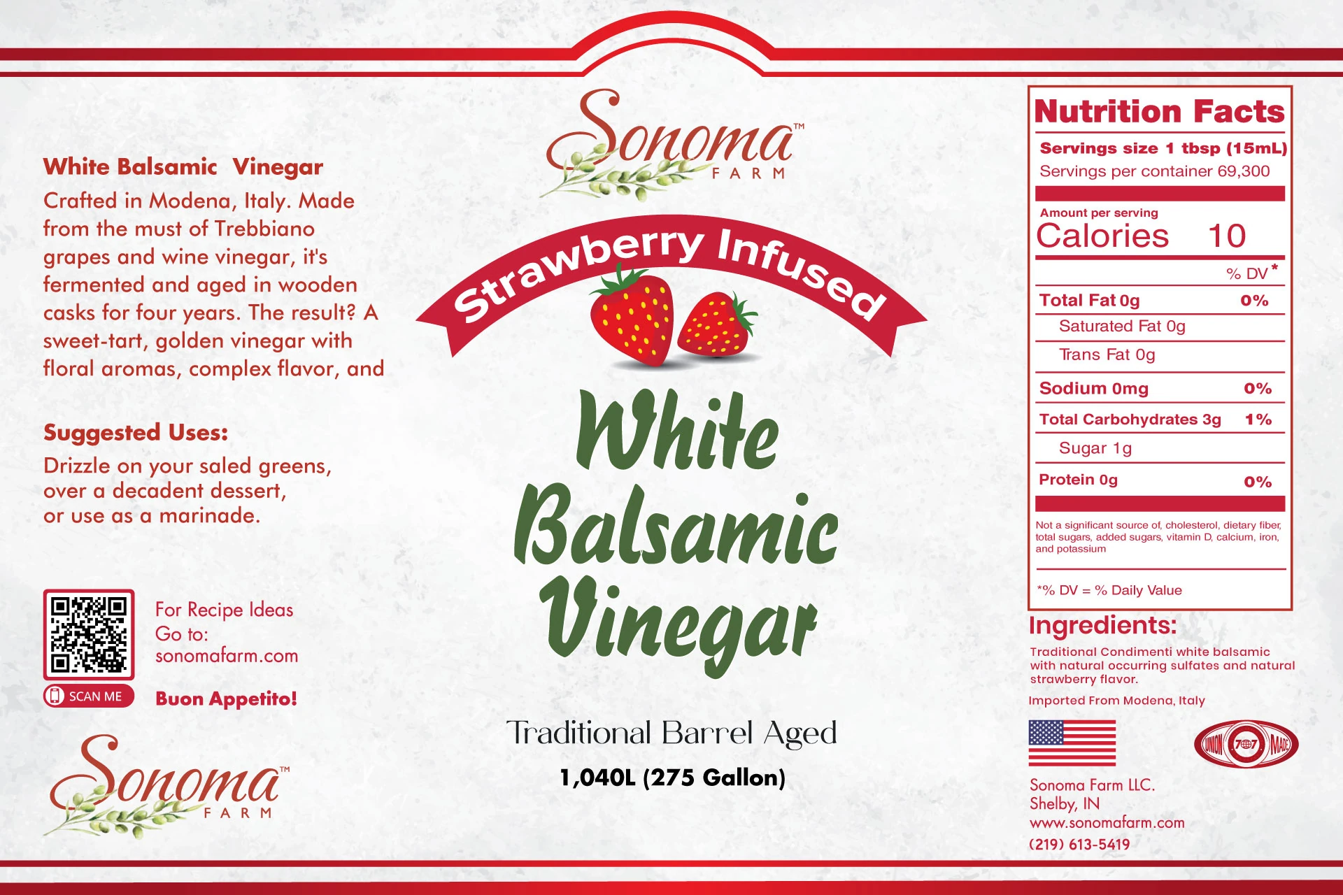 Sonoma Farm Strawberry Infused White Balsamic Vinegar product label, barrel aged in Modena Italy