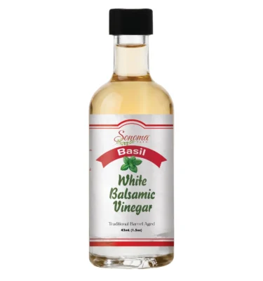 44ml sample bottle of Basil Infused White Balsamic Vinegar from Sonoma Farm