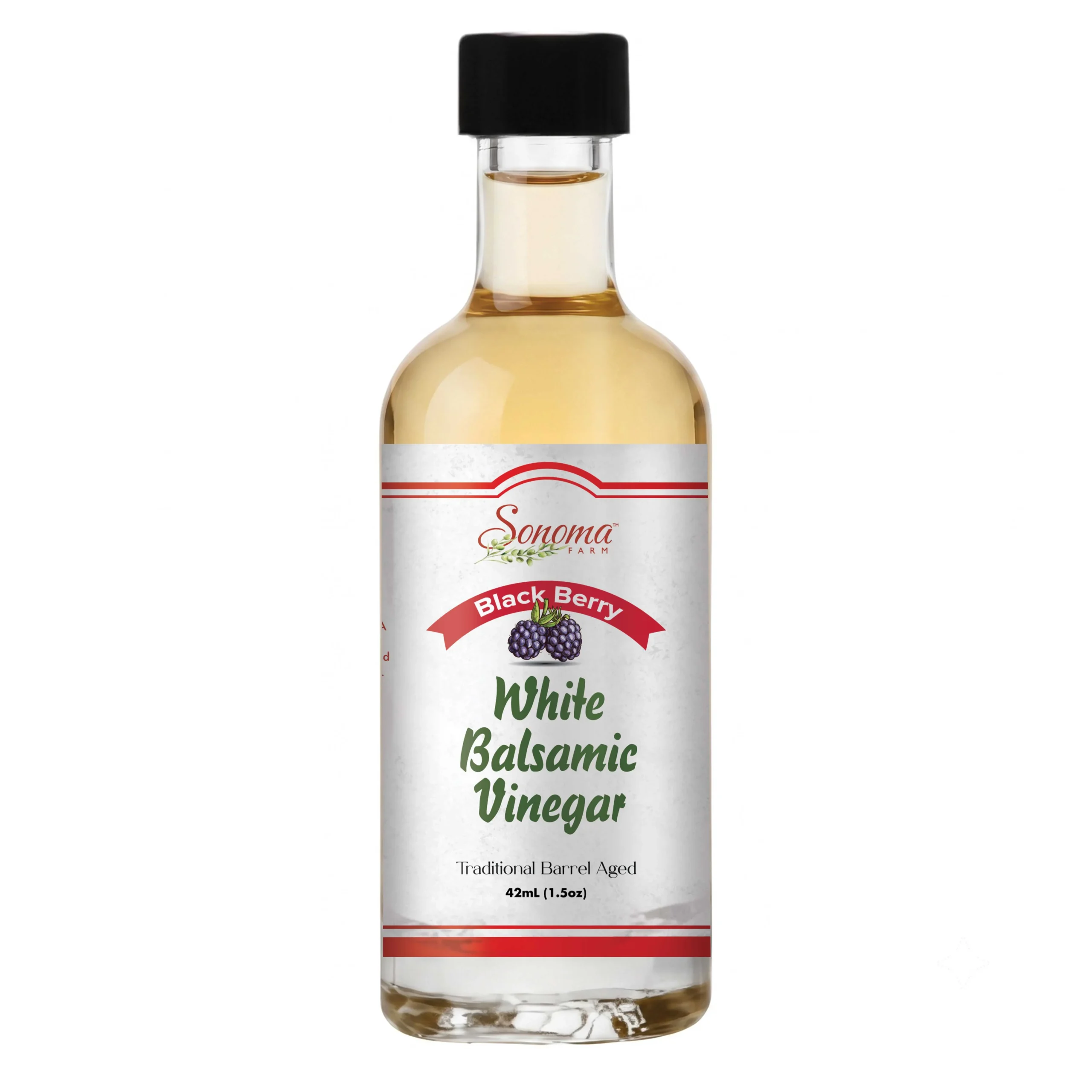 44ml sample bottle of Blackberry Infused White Balsamic Vinegar from Sonoma Farm
