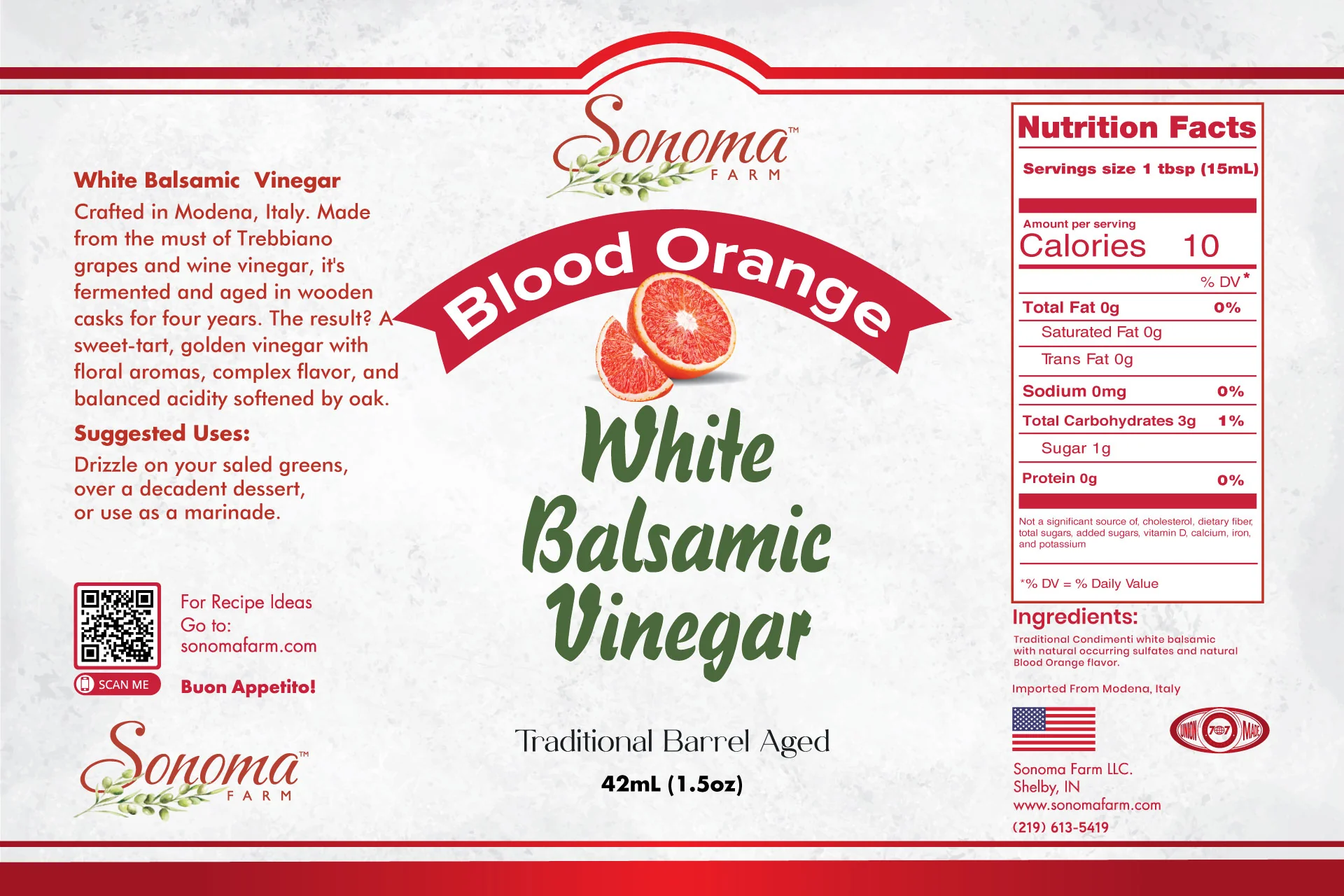 Sonoma Farm Blood Orange Infused White Balsamic Vinegar product label, barrel aged in Modena Italy