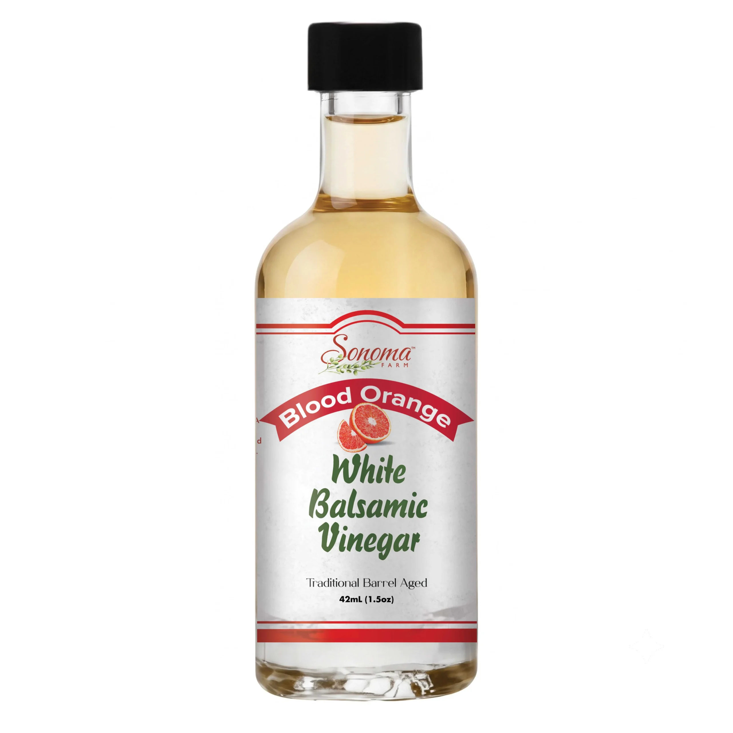 44ml sample bottle of Blood Orange Infused White Balsamic Vinegar from Sonoma Farm