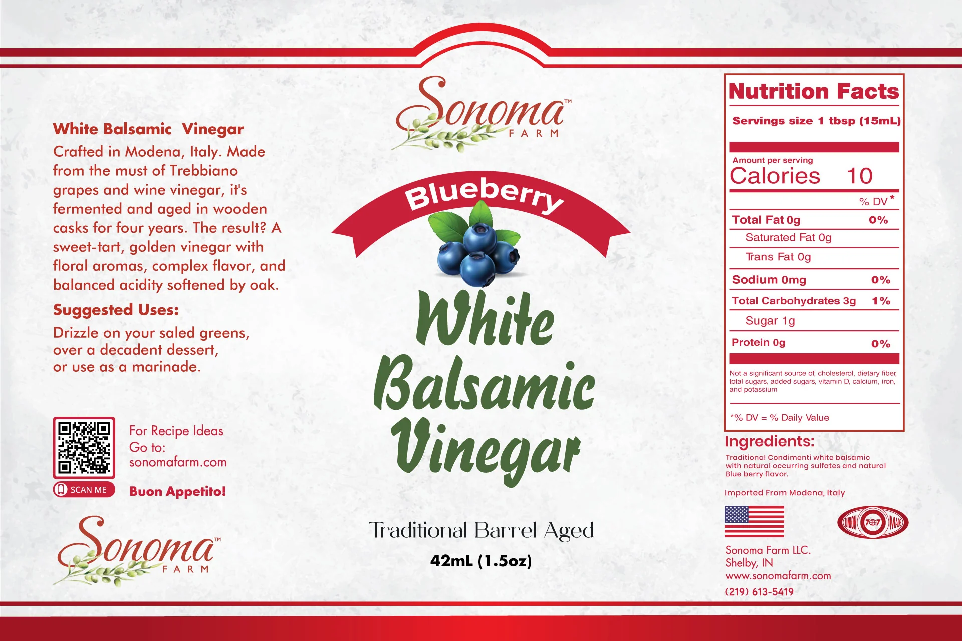 Sonoma Farm Blueberry Infused White Balsamic Vinegar product label, barrel aged in Modena Italy