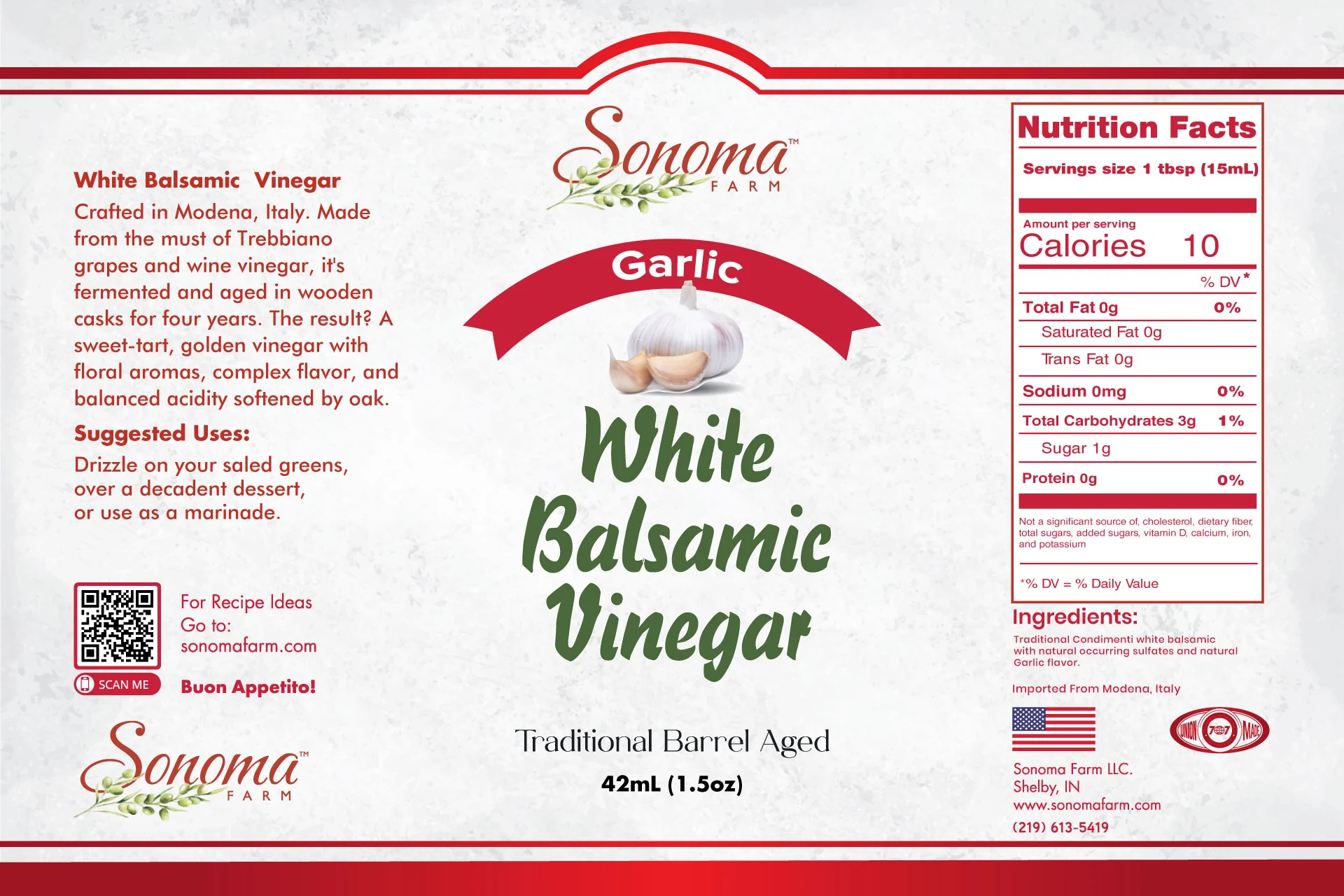 Sonoma Farm Garlic Infused White Balsamic Vinegar product label, barrel aged in Modena Italy