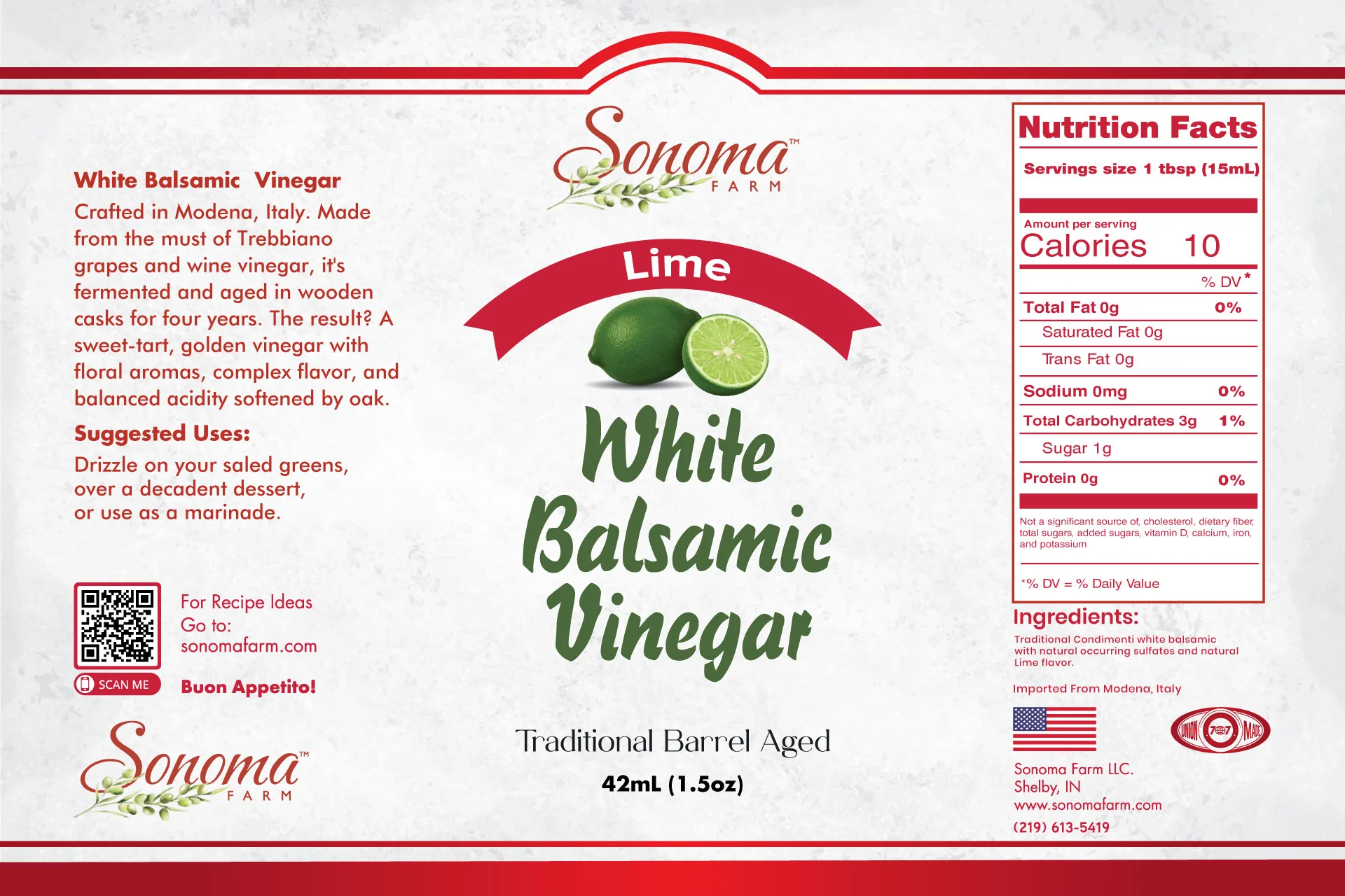 Sonoma Farm Lime Infused White Balsamic Vinegar product label, barrel aged in Modena Italy