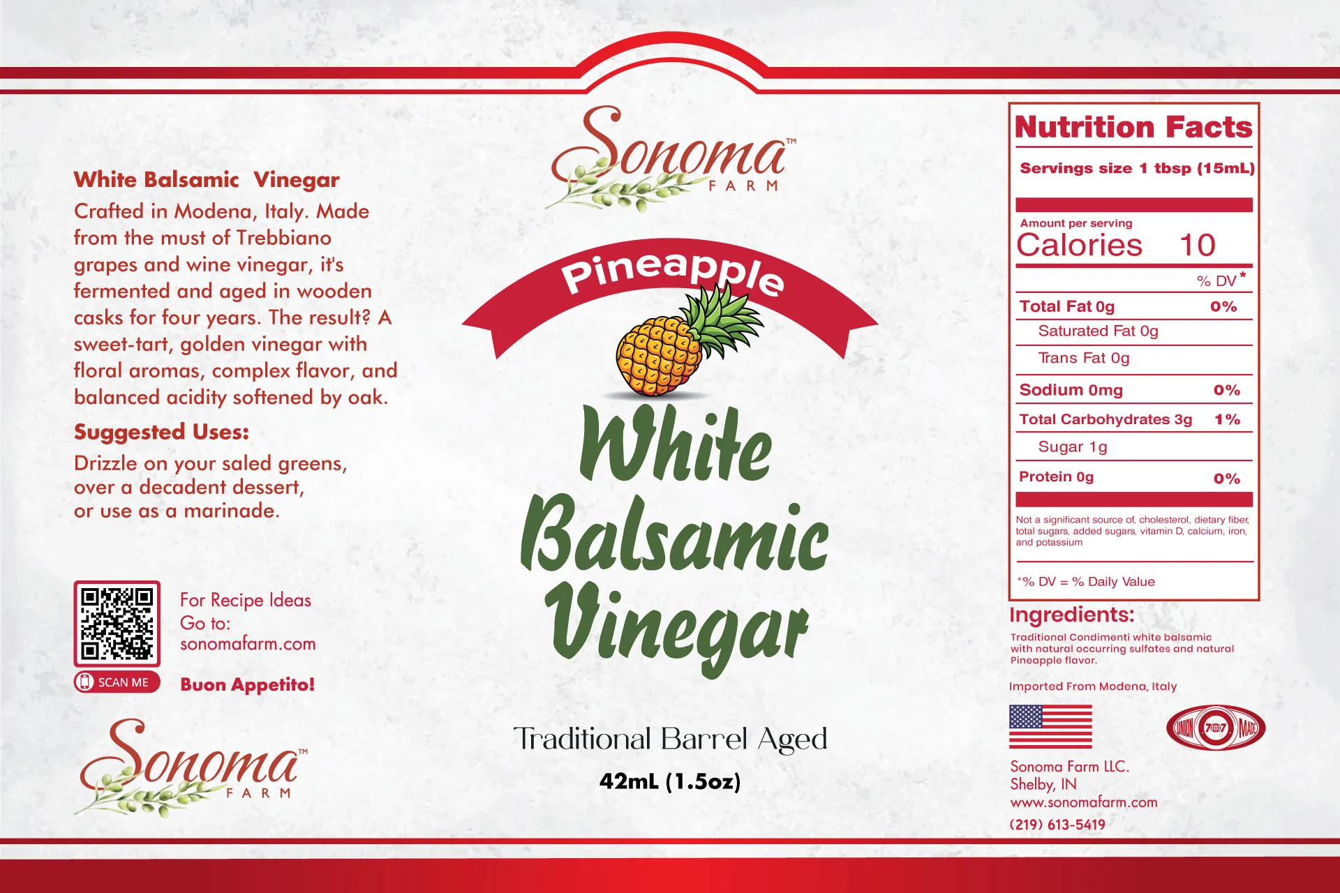 Sonoma Farm Pineapple Infused White Balsamic Vinegar product label, barrel aged in Modena Italy