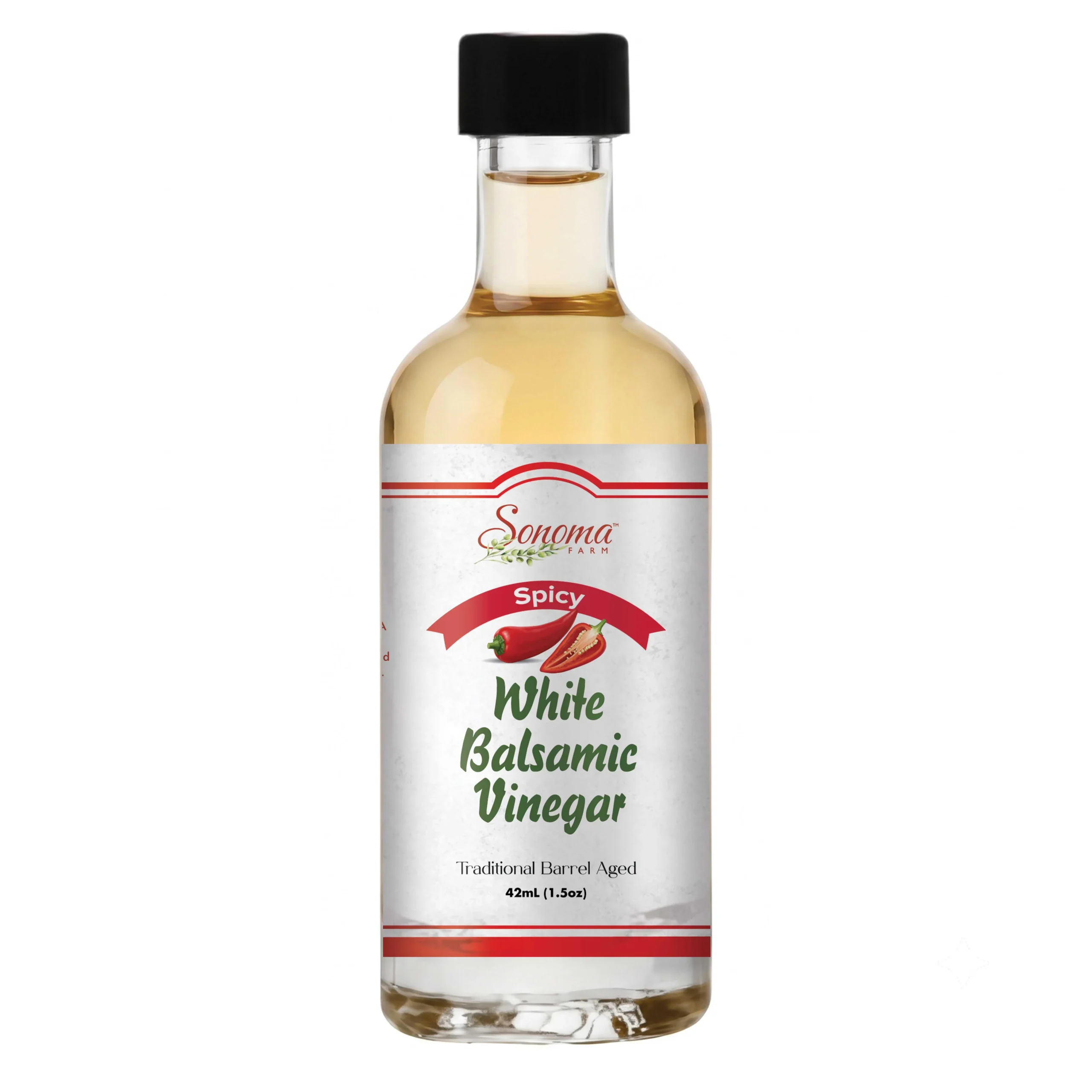 44ml sample bottle of Spicy Red Chili Infused White Balsamic Vinegar from Sonoma Farm